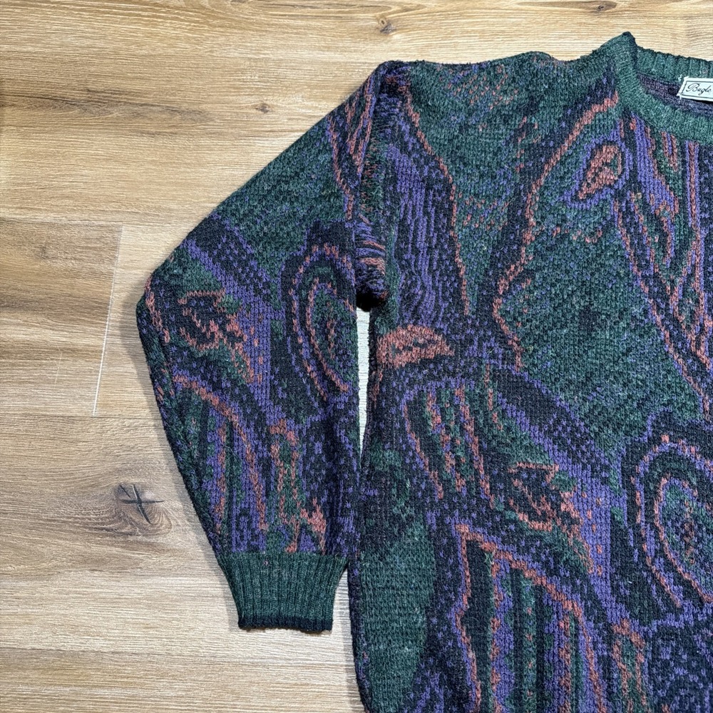 Vintage Bugle Boy Sweater Abstract Paisley Green Purple Print Streetwear Mens XL - Picture 2 of 10